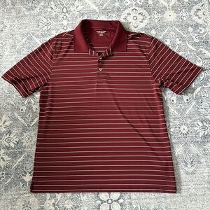 Burgundy and white striped golf polo
